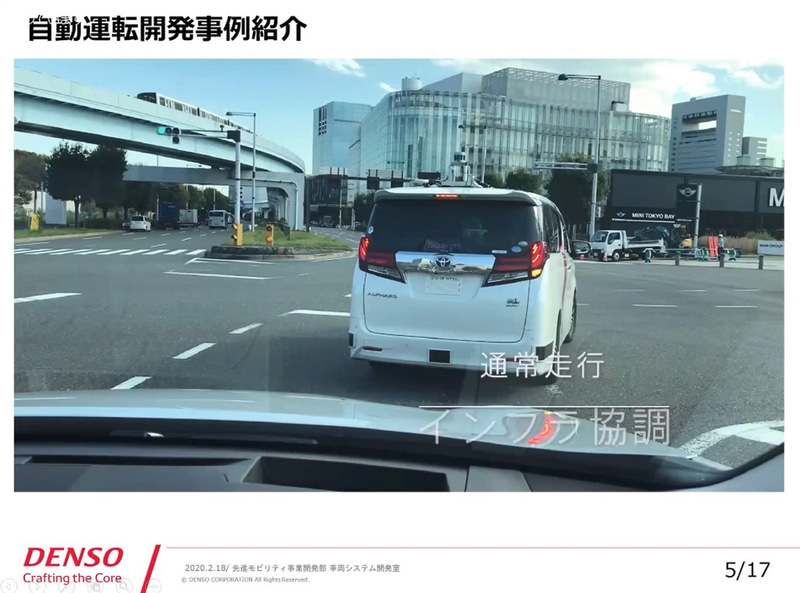 赤信号での停止や交差点右折など、さまざまなシチュエーションを繰り返し走行してテストを行なっている。また、先行車と通信させた試験も行なっている