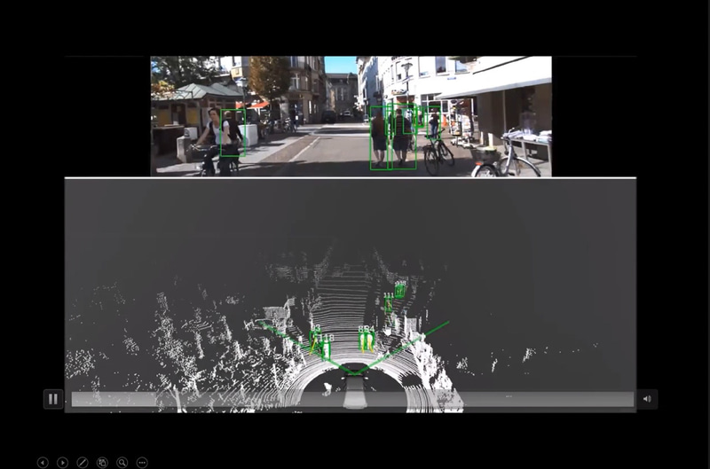 上がカメラの映像。下がLiDARによる点群データで、黄色い線が移動情報となる