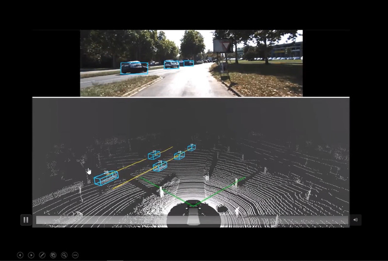 上のカメラ映像では左斜め前の車両の奥にいる車両は見えづらいが、下のLiDARはしっかりと捉えている