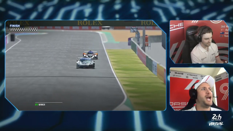 ゴールシーン、雄叫びを上げるタンディ選手（右下）、史上初のリアル、バーチャル両方のル・マン24時間レースを制したドライバーになった（出典：WECの公式YouTube）