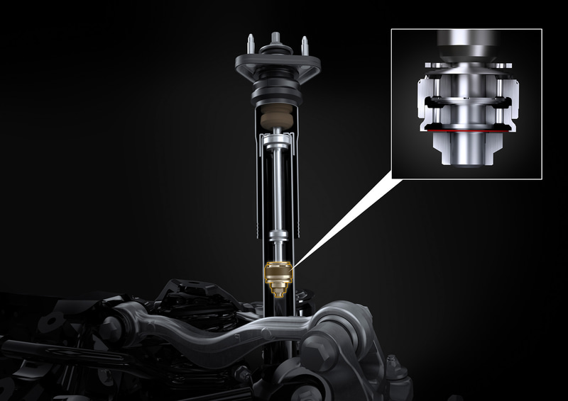 ショックアブソーバーのオイル流路に非着座式のバルブを設けた「スウィングバルブショックアブソーバー」採用