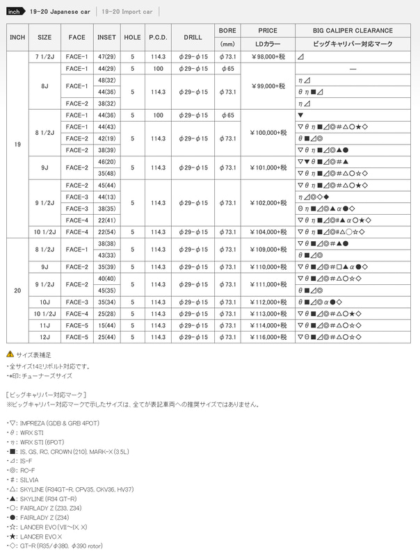 日本車向けサイズラインアップ
