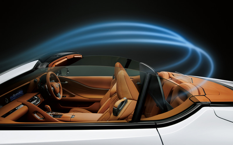 レクサス クライメイト コンシェルジュを採用し、四季折々のオープンドライブにおいても快適に乗員が過ごせるようエアコン、シートヒーター、ネックヒーター、ステアリングヒーターを自動制御し、乗員にとって最適な室内空間を提供。またエアコンの制御をルーフのオープン/クローズ状態に合わせて変更することでそれぞれの環境における快適性を追求した