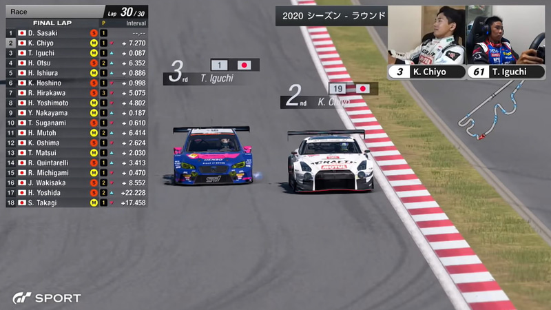 61号車「WRX Gr.3」井口卓人選手と3号車「GT-R ニスモ GT3」の千代勝正選手が最終ラップで2位を争ったものの、千代選手はガス欠でスローダウン