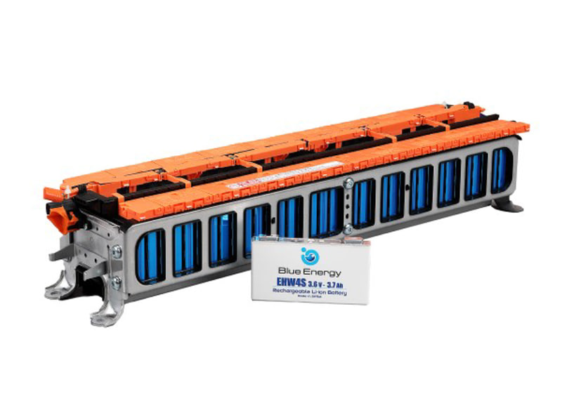 GSユアサの車載用リチウムイオン電池「EHW4S」。EHW4Sセルの仕様（GSユアサ申告値）は容量3.7Ah、電圧3.6V、寸法は120.0×12.5×65.0mm（幅×奥行き×高さ）、質量0.19kg、最大使用電流300A