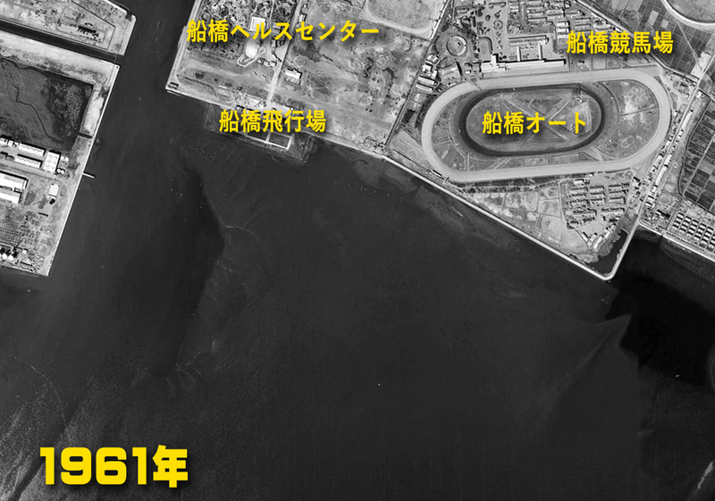 1961年の航空写真。船橋競馬場の内馬場に船橋オート。その西側に船橋ヘルスセンター。遊覧飛行用の船橋飛行場も完成している（<a href="https://mapps.gsi.go.jp/">国土地理院の空中写真閲覧サービス</a>を加工して掲載）