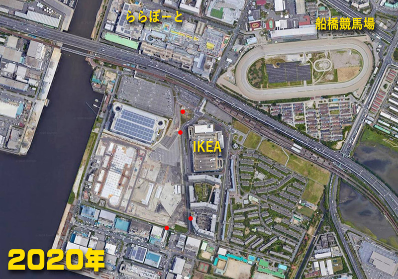 撮影した4か所を現在の地図に赤丸でマーキング（Googleマップ）