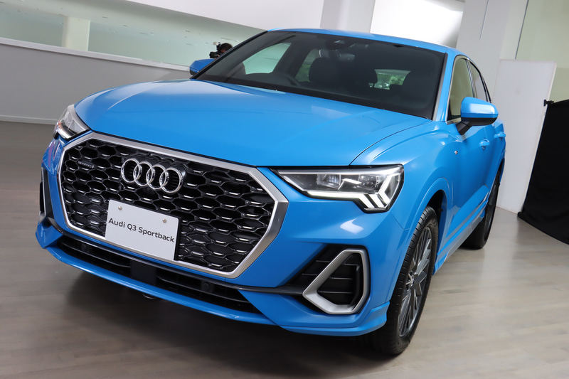 Q3 スポーツバックのシングルフレームグリル内は光輝ブラック塗装のハニカムグリルとなる