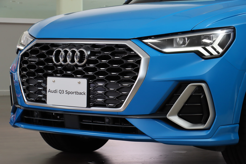 Q3 スポーツバックのシングルフレームグリル内は光輝ブラック塗装のハニカムグリルとなる