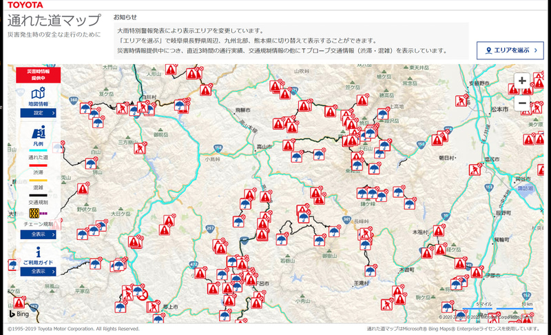 トヨタ自動車「通れた道マップ」。初期の表示が岐阜長野周辺になっている