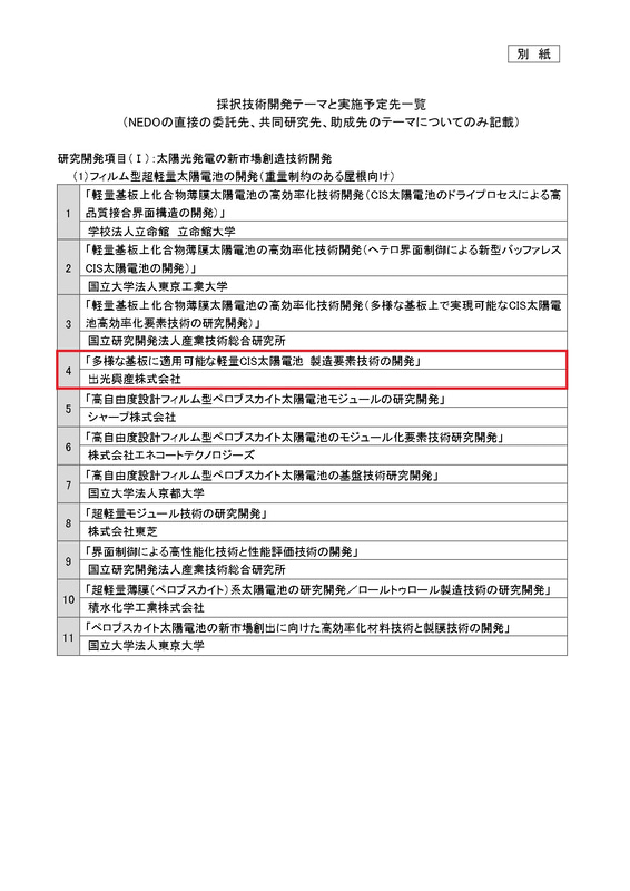 NEDOは今回、再生可能エネルギーの主力電源化に向けた取り組みを推進するために、新たな太陽光発電技術開発で44テーマを採択している。赤枠が出光興産とソーラーフロンティアが採択された内容