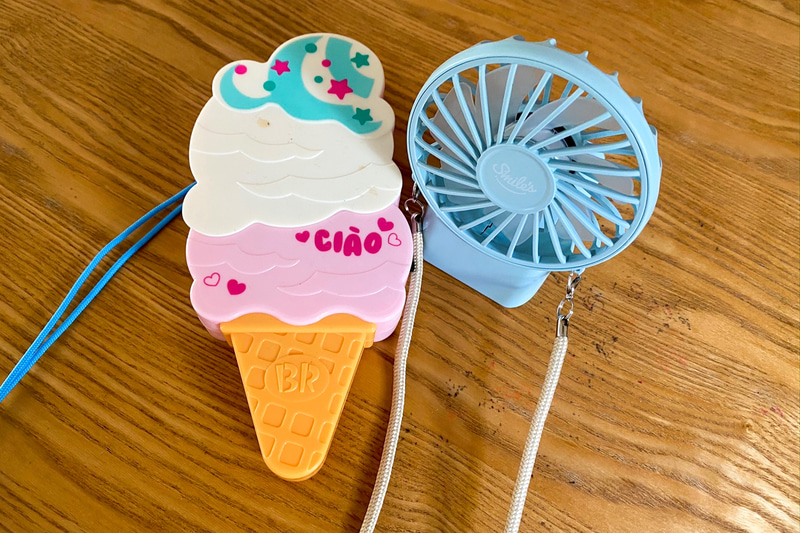 私は首から下げられるタイプのハンディファン、娘は見た目の可愛さ重視で、手に持つタイプのハンディファンを購入。これで「蚊が入ってる！」と車内で大騒ぎすることもなく、スイッチを入れて風を発生させて蚊を近寄らせないようにできます。ハンディファンはUSBで充電できるタイプにしておくと、車内でも繰り返し使えて便利ですよね