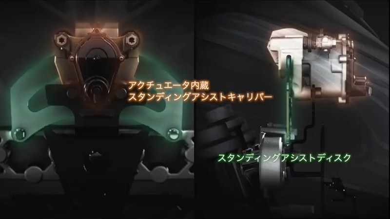 内部のスタンディングアシストディスクをキャリパーがつかんで固定する