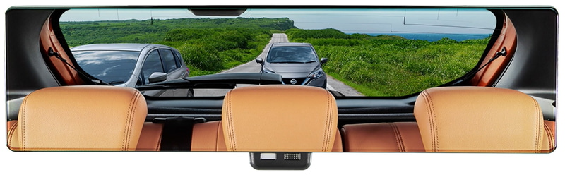 左が従来のインナーミラー。後部座席や車体が写り込んでしまう。右が新しいインテリジェント ルームミラー。カメラがリアウインドウに配置され、後方が見やすい