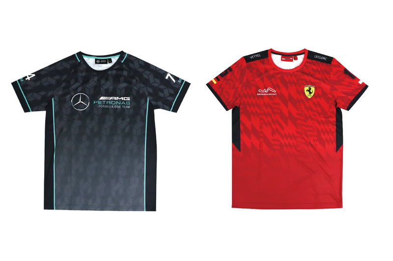F1チーム×鈴鹿サーキットコラボTシャツ。メルセデス（左）と、フェラーリ（右）の予約が開始