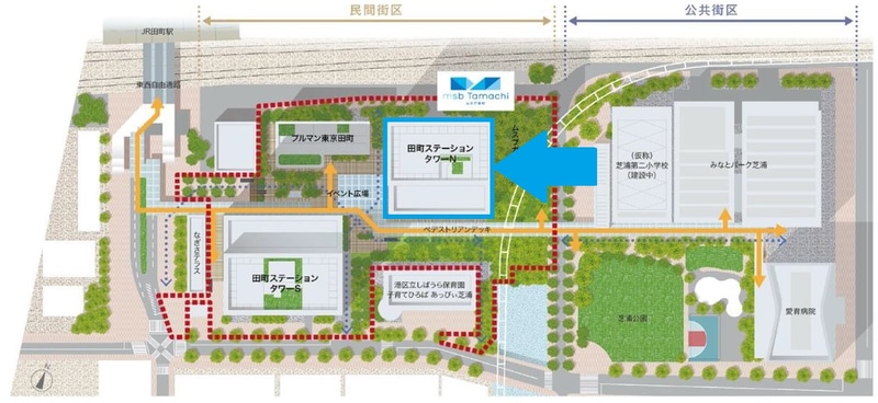 地図の水色の建物の1階がショールーム。2階に喫茶店がある