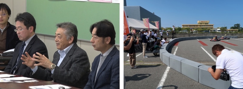 江津での会議に出席される森脇氏（左）。2019年9月に関係者を招いて開催されたプレイベント（カート体験会）の様子（右）