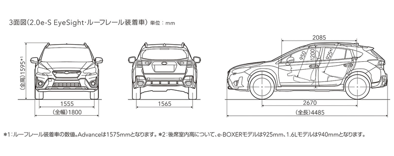 三面図。ボディサイズは4485×1800×1595mm（全長×全幅×全高）ホイールベースは2670mm