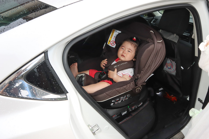 後ろ向きでの乗車状態。初めてのチャイルドシートにやや不安げ