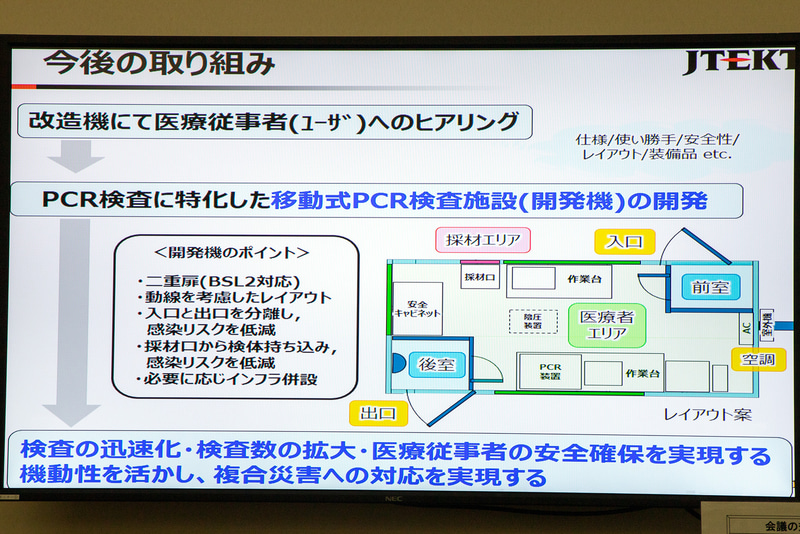 医療従事者へのヒアリングをしっかり行ないさらに改良をしていく。開発機では医療関係者の感染予防の観点から患者は車内に入らず車両内では検査のみを行なう仕様になるようだ