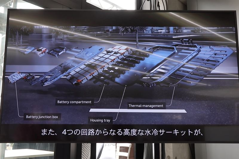 バッテリーについての解説画面。床下に配置される