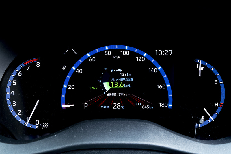 ガソリンモデルのメーター。走行モードを切り替えるとメーター内の表示も変化する