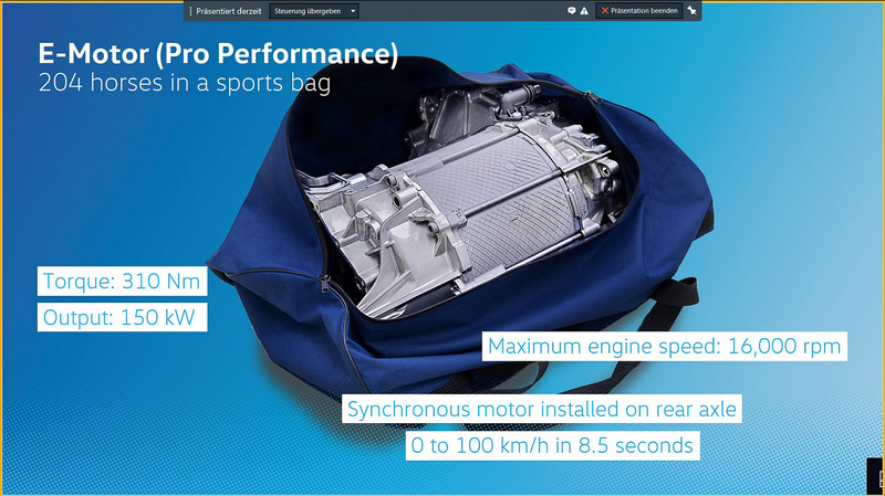 モーターは最高出力150kW（204PS）、最大トルク310Nmを発生。スポーツバックに納まるサイズ