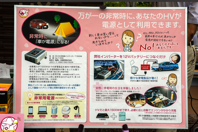 大橋産業が展示していた「DC/AC正弦波インバーター T1500W」。外部給電用ソケットがないHV車でもこれをバッテリーに繋ぐと1500Wまでの家電製品が使用できる。ガソリンが満タンなら約2日間、1500Wが出力可能