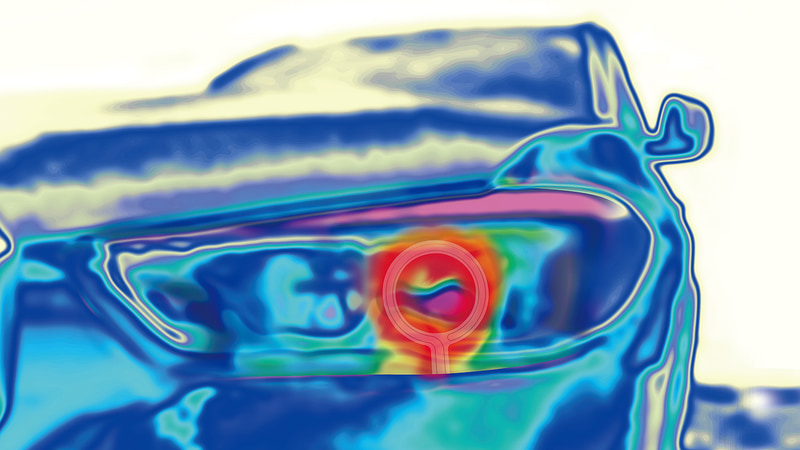 極細ラインヒーターにより外気温＋約50℃の熱を直接加え、灯火類についた雪を融かす。外気温感知オートON/OFF機能を搭載し、5℃以下で自動ON、5℃以上で自動OFFする