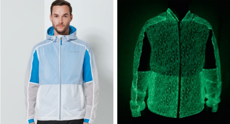 わずか250gの超軽量で、通気性、耐風性、耐水性を備えたフード付ジャケット。ポルシェ タイカンにインスパイアされた蛍光の全面装飾プリントが施され、光を当てると暗いところで光る。価格2万3650円