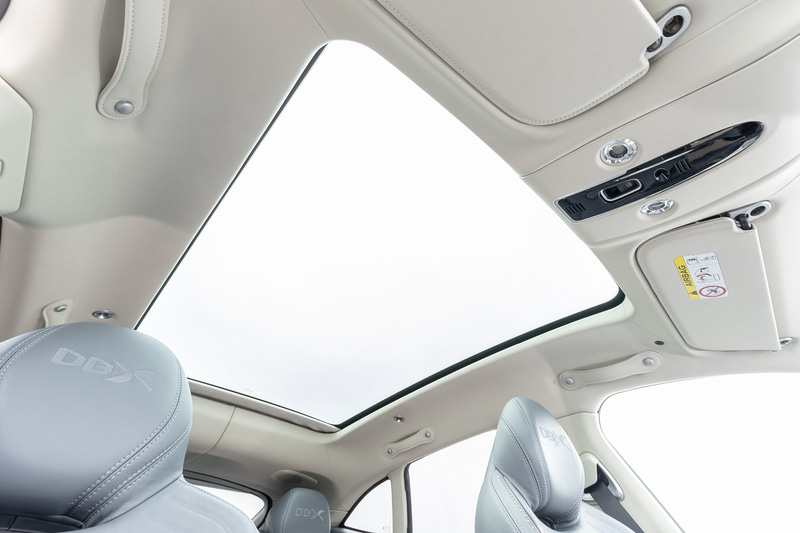フロント/リアともにDBXのロゴが入るシート。大型のガラスルーフも装備する