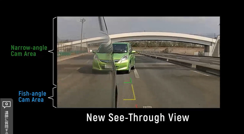 Eミラーは、車体に搭載している複数のカメラの映像を処理することで、実際には車体の影に隠れて見えない部分も可視化する