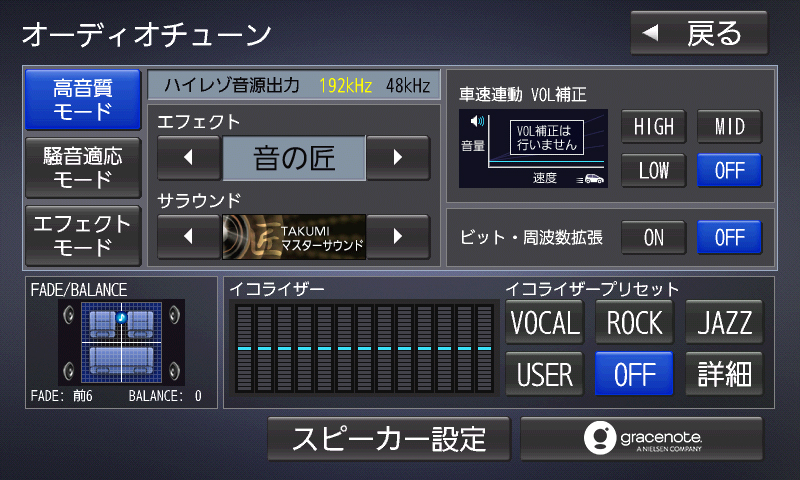 音の匠のモードメニュー。サラウンドの表示にモード名が出る。これは「TAKUMIマスターサウンド」