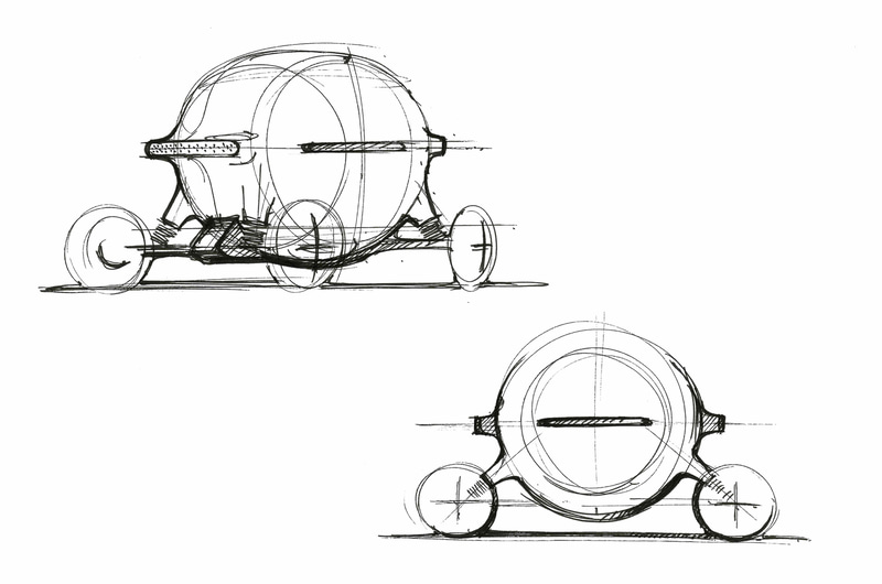 このデザイン案では、乗り手となる高齢者への優しさと、歩道で共存する歩行者への優しさを表現するために“球”という1つの塊から展開していくアプローチでデザインを開始したという