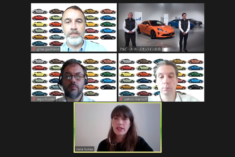 上段：左はアルピーヌ・カーズ Gilles Gautherot氏。右はアルピーヌ・ジャポンのフレデリック・ブレン氏（商品計画部ダイレクター）と松崎奈丹氏（テリトリーマネージャー）。中段：アルピーヌ・カーズ コマーシャルダイレクターのレジス・フリコテ氏（左）とマネージングダイレクター パトリック・マリノフ氏（右）。下段：アルピーヌ・カーズのデザイン担当 Claire Fumex氏