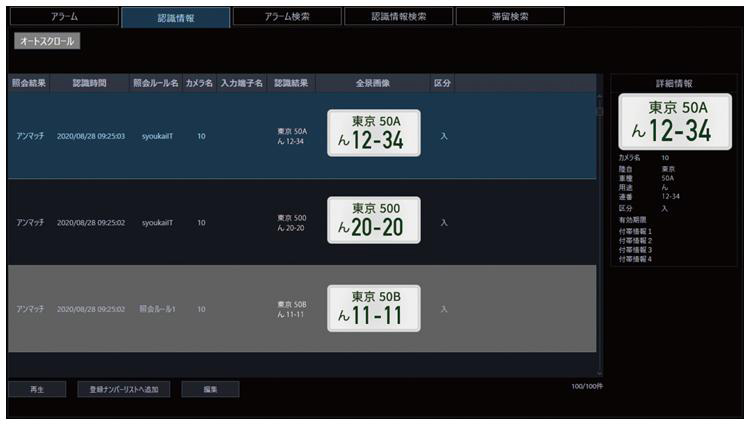 運用画面のイメージ。ナンバー情報のデータ、照合結果が画面上に表示される（開発中のソフトウェアを使用した機能のイメージ画像）