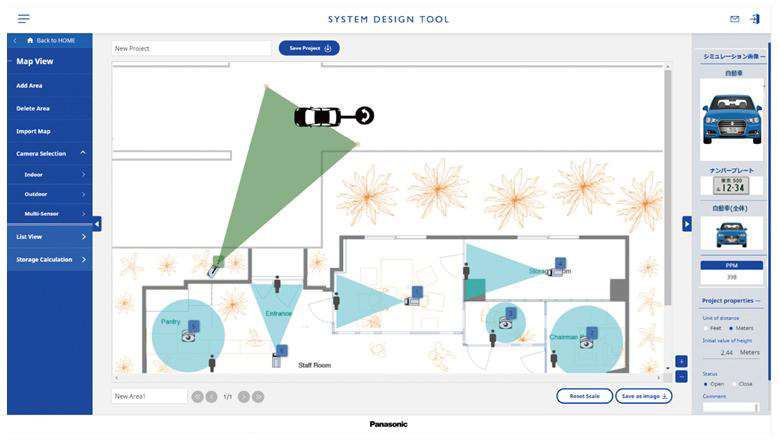 システムデザインツールのシミュレーション・ガイドの画面（カメラと車両の距離、カメラの向きを画面上でシミュレーションしている様子）