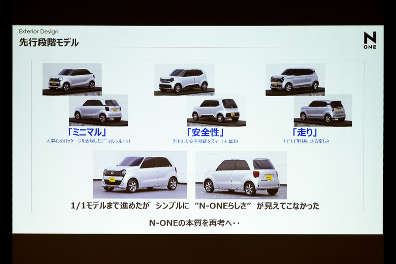 デザイン検討段階の資料。N-ONEのイメージを残しつつ、さまざまなデザインが制作されていた。新しさより一番大切にしたかったのはN-ONEらしさだった