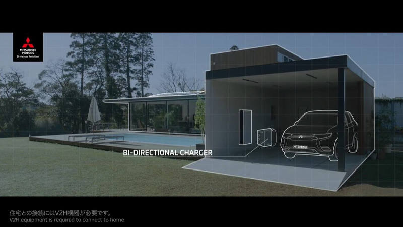 三菱自動車工業株式会社 商品戦略本部チーフプロダクトスペシャリストの上原実氏、国内営業本部 国内商品販促部から水越華子氏と木村龍哉による停まっている時の価値についてのプレゼンテーション映像