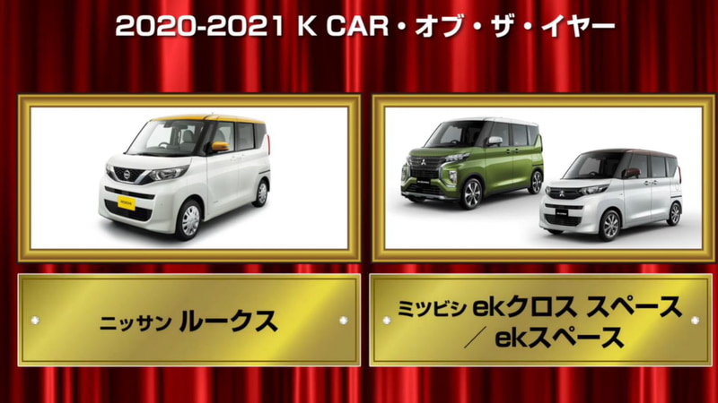 日産「ルークス」、三菱「eKクロス スペース/eKスペース」が「K CAR オブ・ザ・イヤー」受賞。授賞理由：実用性の高いスーパーハイトワゴンながら、コントロールのしやすい、安定感の高い走行性能で軽自動車の水準を引き上げた。内装の質感やシートの座り心地も評価を集めた。さらに登録車と同等性能の先進安全運転支援システム「プロパイロット/マイパイロット」の採用も大きな魅力になっている