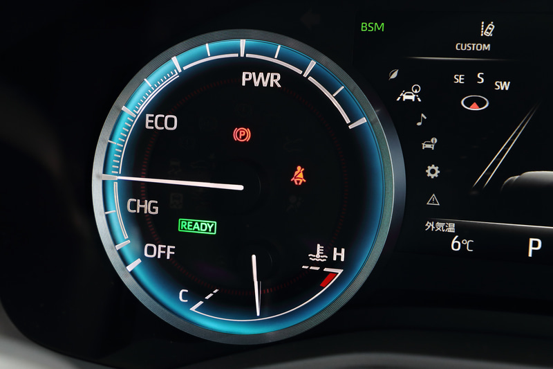 ドライブモードは「ECO」「COMFORT」「NORMAL」「SPORTS」「SPORTS＋」「CUSTOM」から選択でき、モードによってメーターの色を変更する