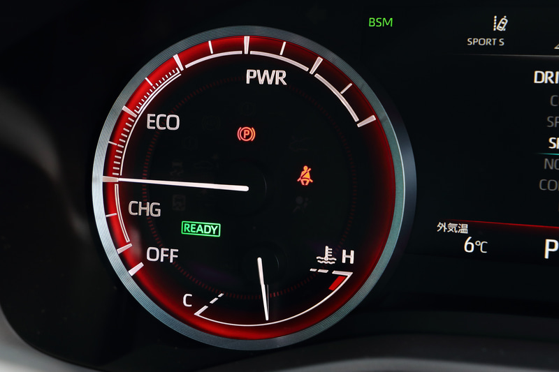 ドライブモードは「ECO」「COMFORT」「NORMAL」「SPORTS」「SPORTS＋」「CUSTOM」から選択でき、モードによってメーターの色を変更する