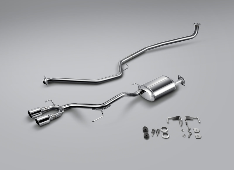 「Dual Exhaust System」13万7500円：優れた排気効率と消音性能そしてエキゾーストサウンドにこだわり、ターボ車FF用に専用チューニングを施したデュアルエキゾーストシステム。フィニッシャーはφ75のデュアルタイプを採用。オールステンレス製。保安基準適合の交換用マフラー事前認証制度認定品。