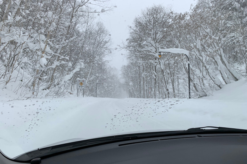 新雪の雪道。雪が降って視界がわるい。使っている偏光サングラスではしっかりと路肩が見えます
