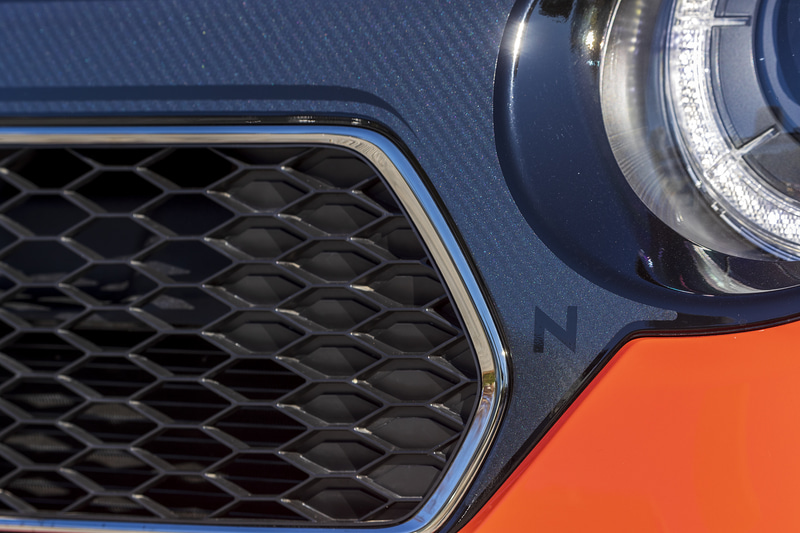 フロントグリルをスポーティなカーボン柄に変更する「デカール フロントグリル」。Nの文字がデザインされている。また、フロントフードにはパワフルなイメージを高める「デカール フード」を、バンパー下部にはブラック塗装の「フロントロアーガーニッシュ」を装着する