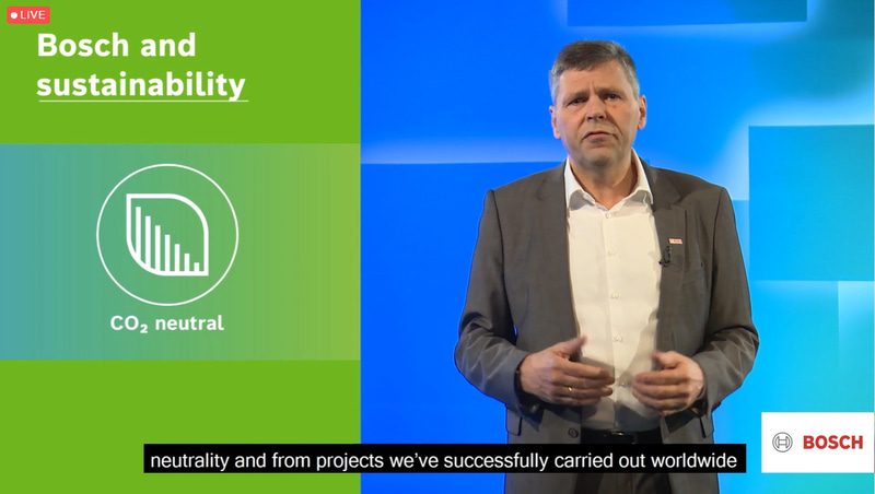 ボッシュのカーボン・ニュートラルの実現について説明するRobert Bosch GmbH CTO 兼 CDO 兼 取締役会メンバー ミヒャエル・ボレ氏