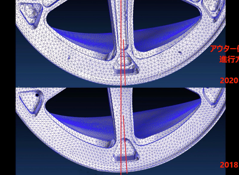 2018年モデルと2020年モデルの比較。設計をアップデートしているので、2018年モデルよりも2020年モデルのほうが歪みが少なくなっている。開発中の最も新しいホイールは、さらに別の角度からも解析を進めているとのことで、より剛性が高く「勝てるホイール」になるという
