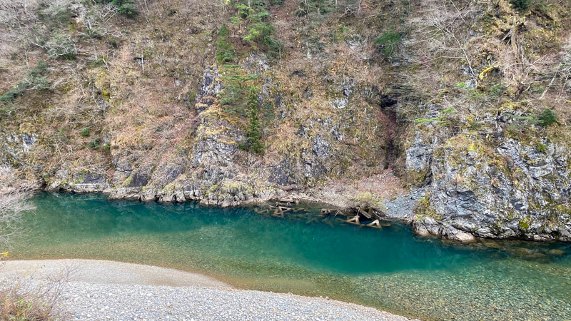 国道156号線沿いにある道の駅「上平ささら館」から見ることができる、真背戸の滝。なんですが、もともと水量が少ないらしく、この日は見つけることができませんでした（笑）。でも、美しいブルーの庄川に癒されました
