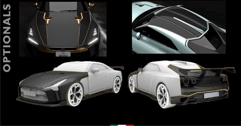 ビジブルカーボンパック（Visible carbon pack）は、GT-R50 by ITALDESIGNに使用されているカーボン製パーツのカーボン地をデザインの一部として、ペイントと組み合わせられるオプション。部品全体ではなく一部の区画を指定することが可能で、さらにDedicated Livery Packと合わせて選択することで、よりカーボン地とペイント部分の塗り分けに溶け込むパイピングやラインを織り交ぜたオリジナルデザインも実現可能。価格は580万960円（為替レートによって変動あり）