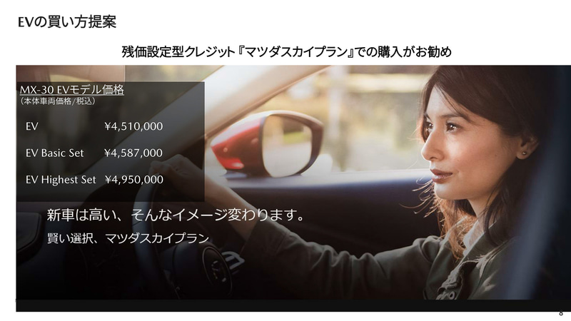 EVの新たな買い方として、3年後55％の残価を保証する残価設定クレジット「マツダスカイプラン」を提案